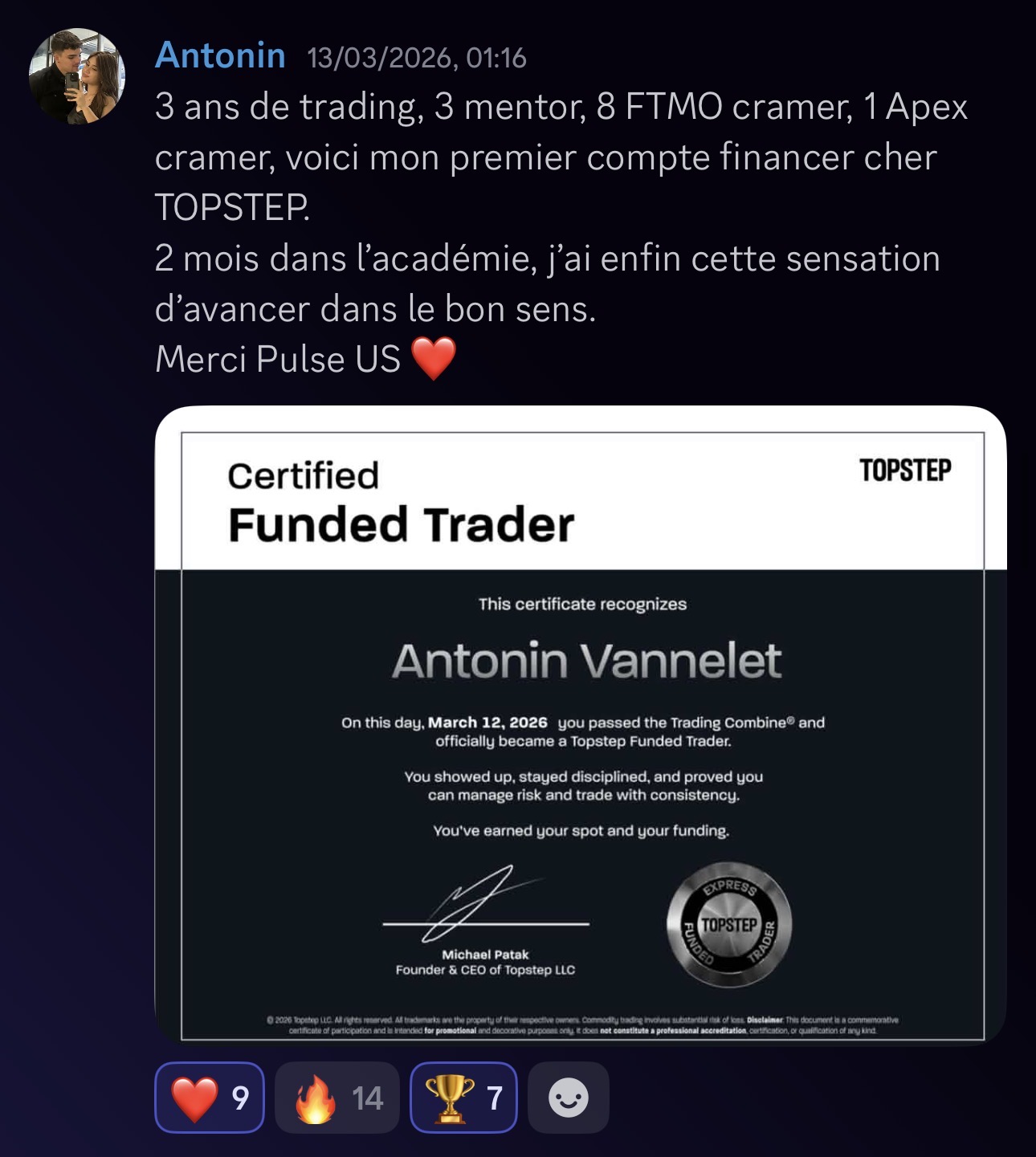Antonin V. — 1er TopStep financé validé chez Pulse-US