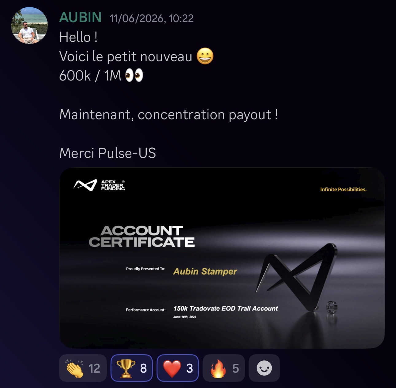 Aubin — 600K / 1M$ Apex validé chez Pulse-US