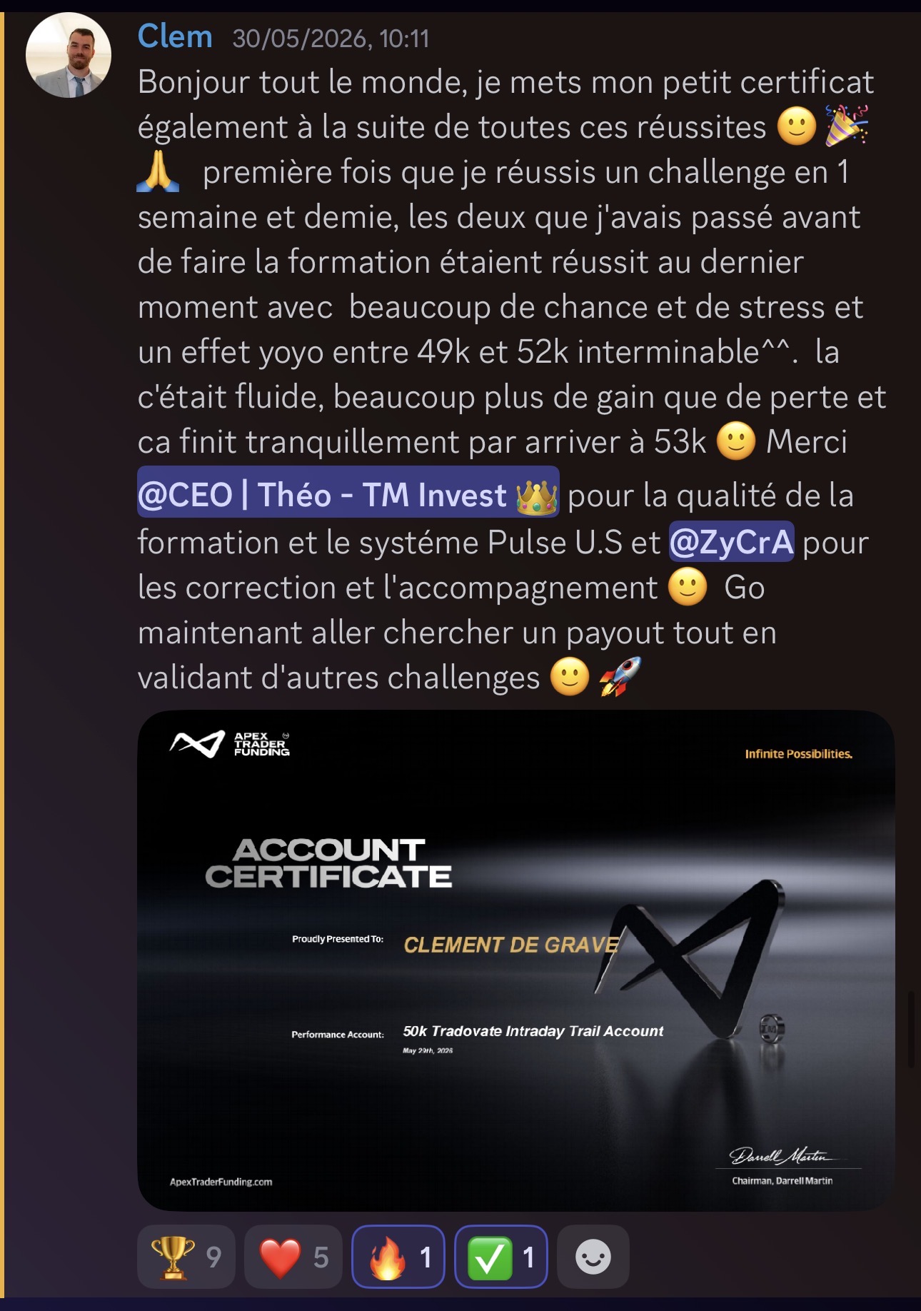 Clem — Apex 50K en 1,5 semaine validé chez Pulse-US