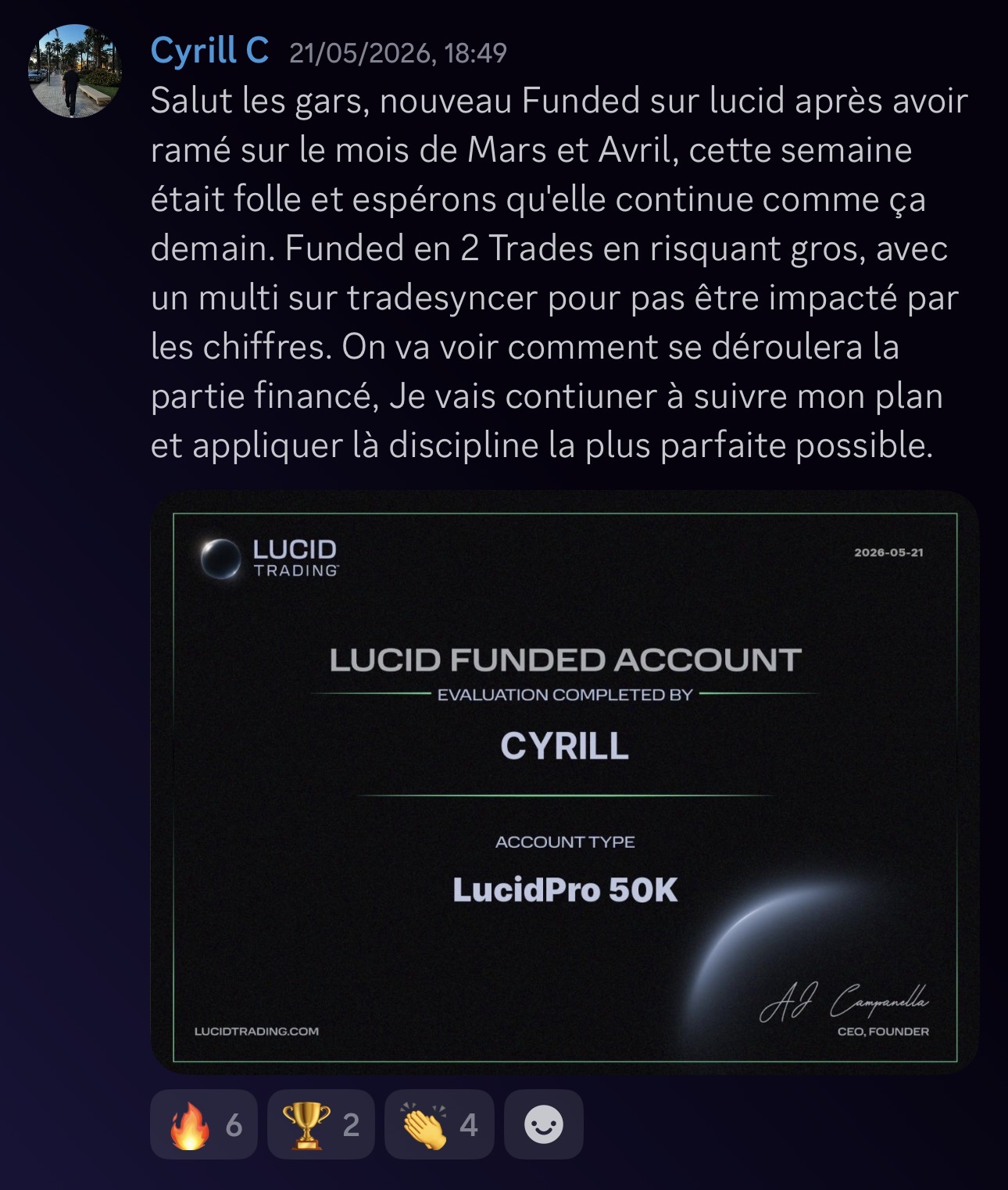 Cyrill C. — LucidPro 50K Funded validé chez Pulse-US