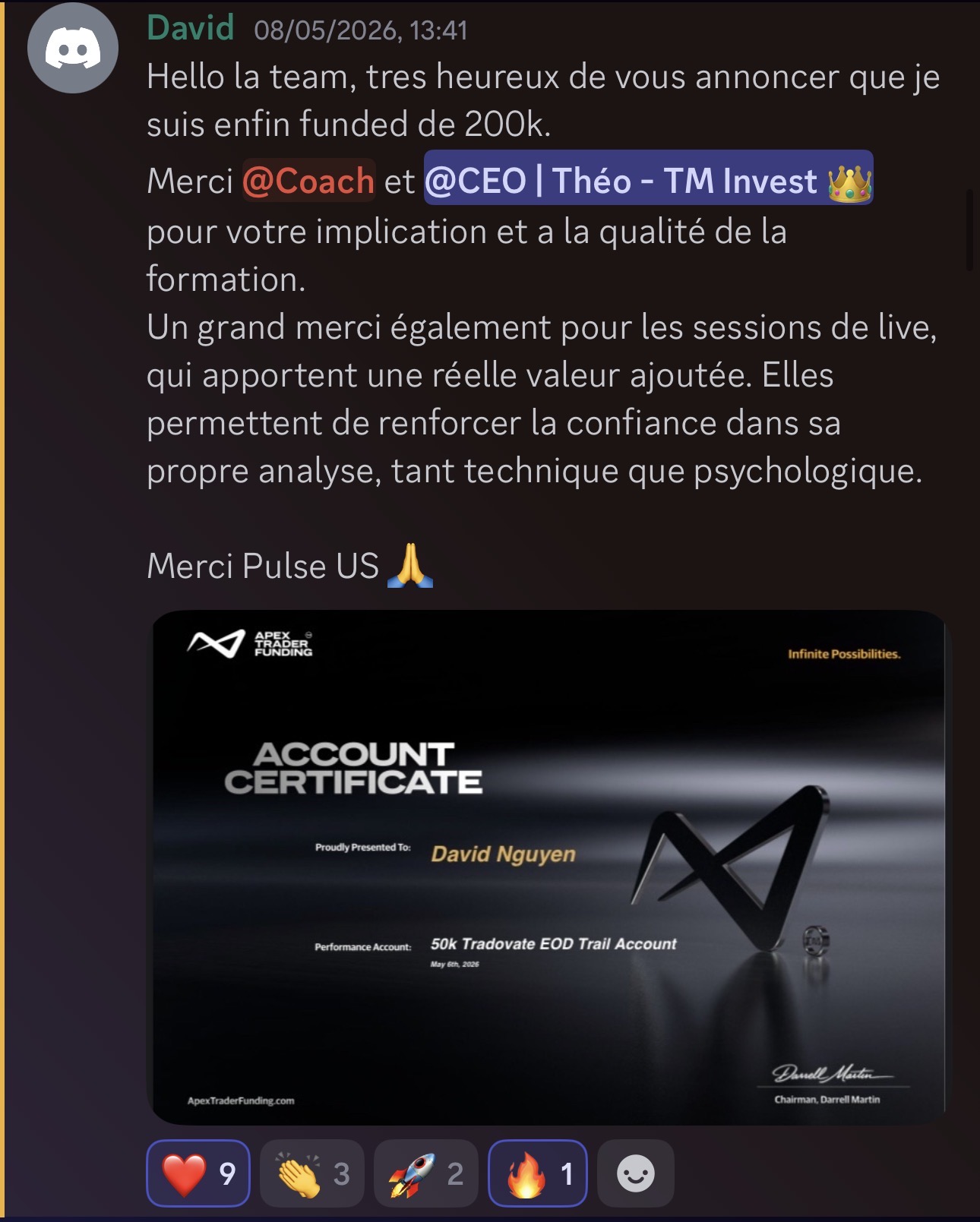 David N. — Funded 200K Apex validé chez Pulse-US