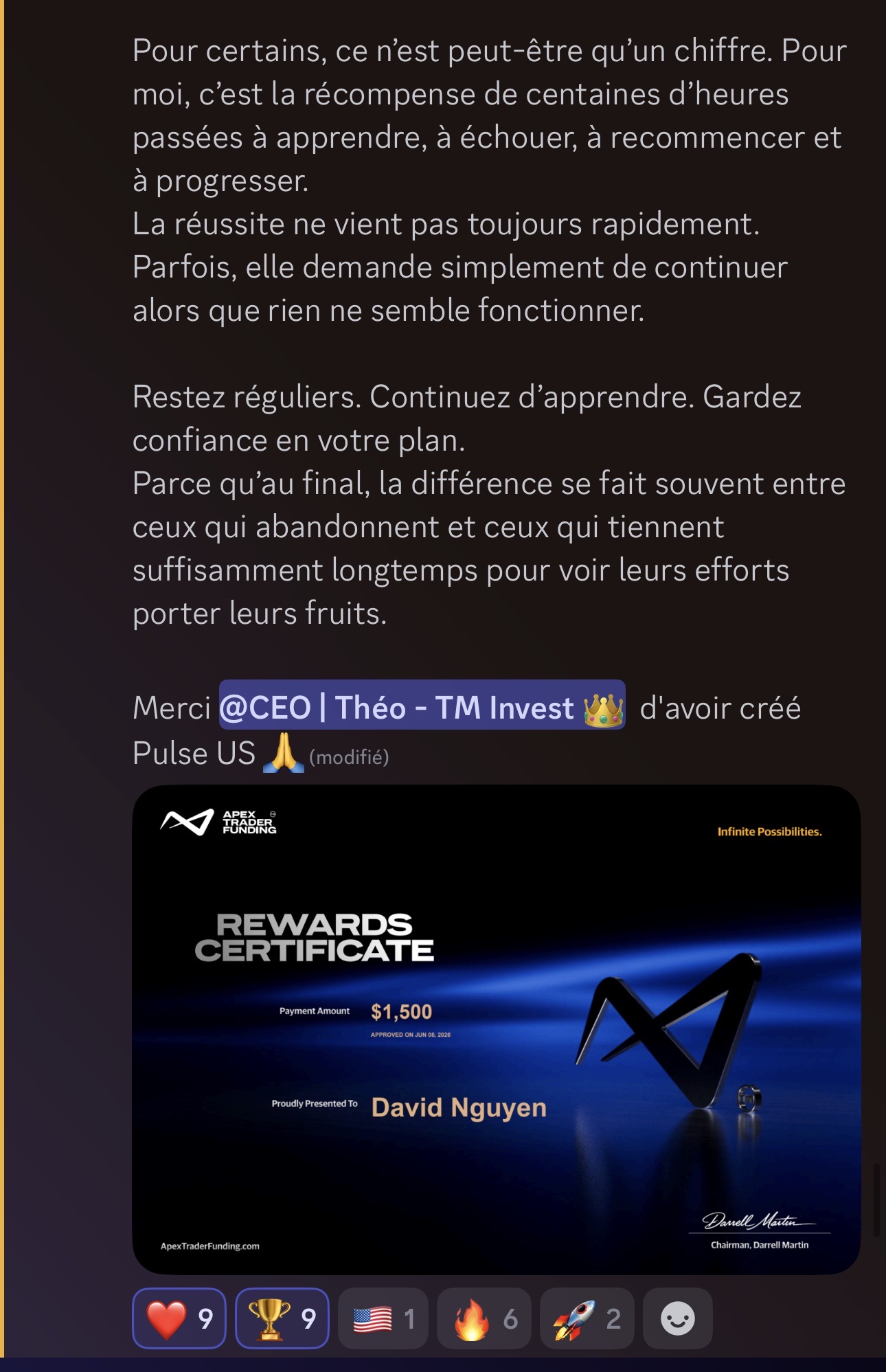 David N. — Payout 1 500$ Apex validé chez Pulse-US