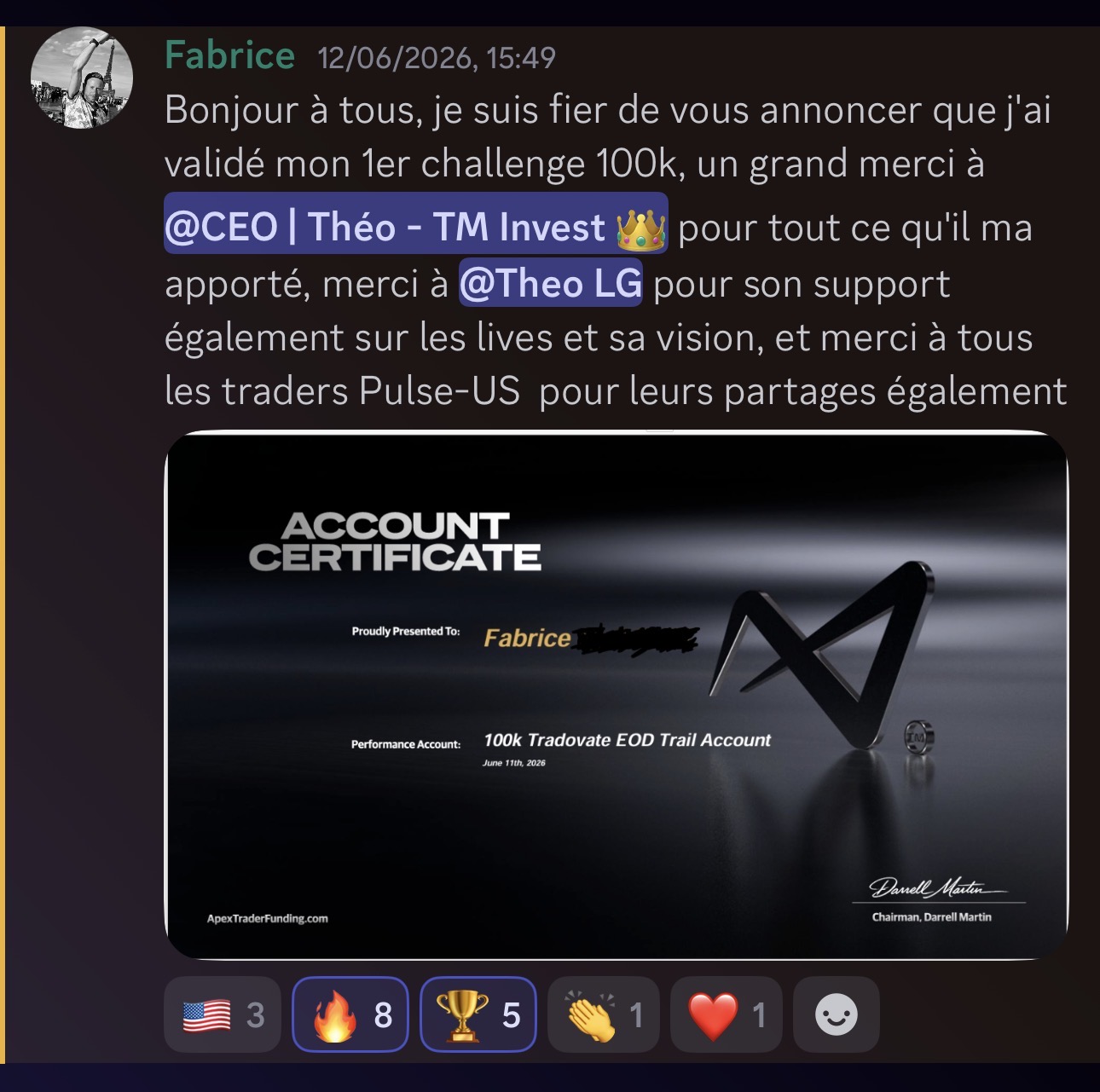 Fabrice — 1er challenge 100K Apex validé chez Pulse-US