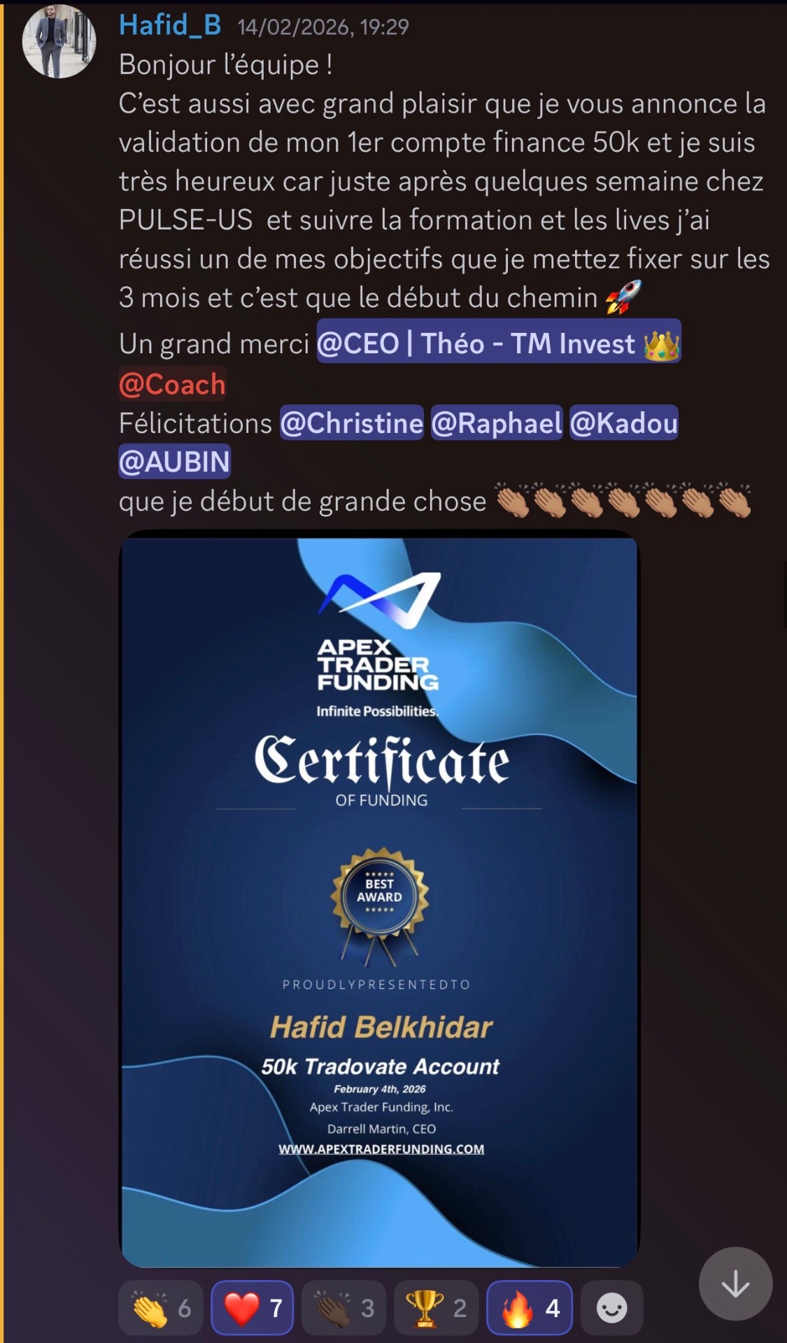 Hafid B. — 1er compte 50K validé chez Pulse-US