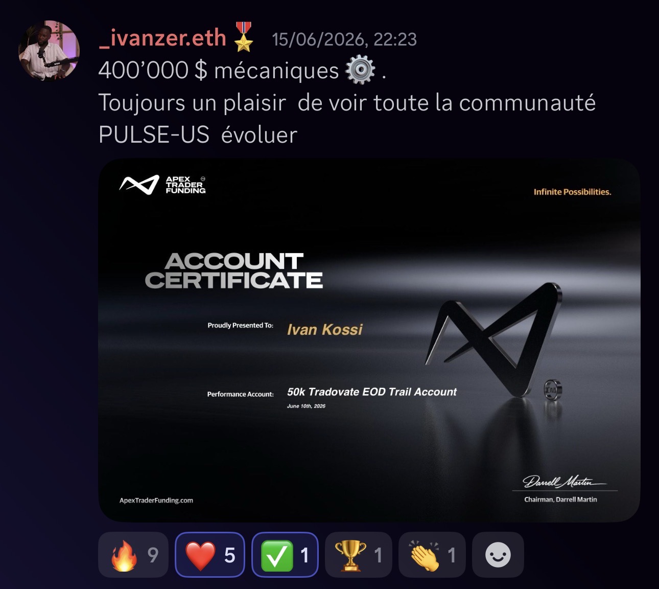 Ivan K. — 400K$ Apex mécanique validé chez Pulse-US