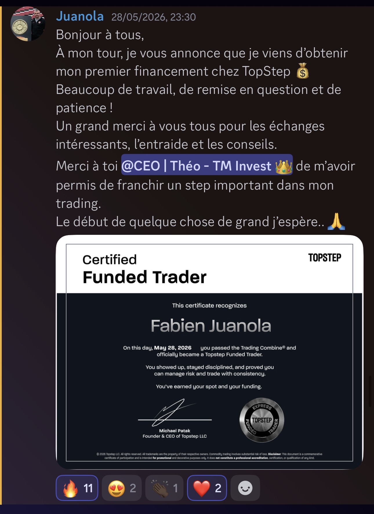 Fabien J. — 1er financement TopStep validé chez Pulse-US