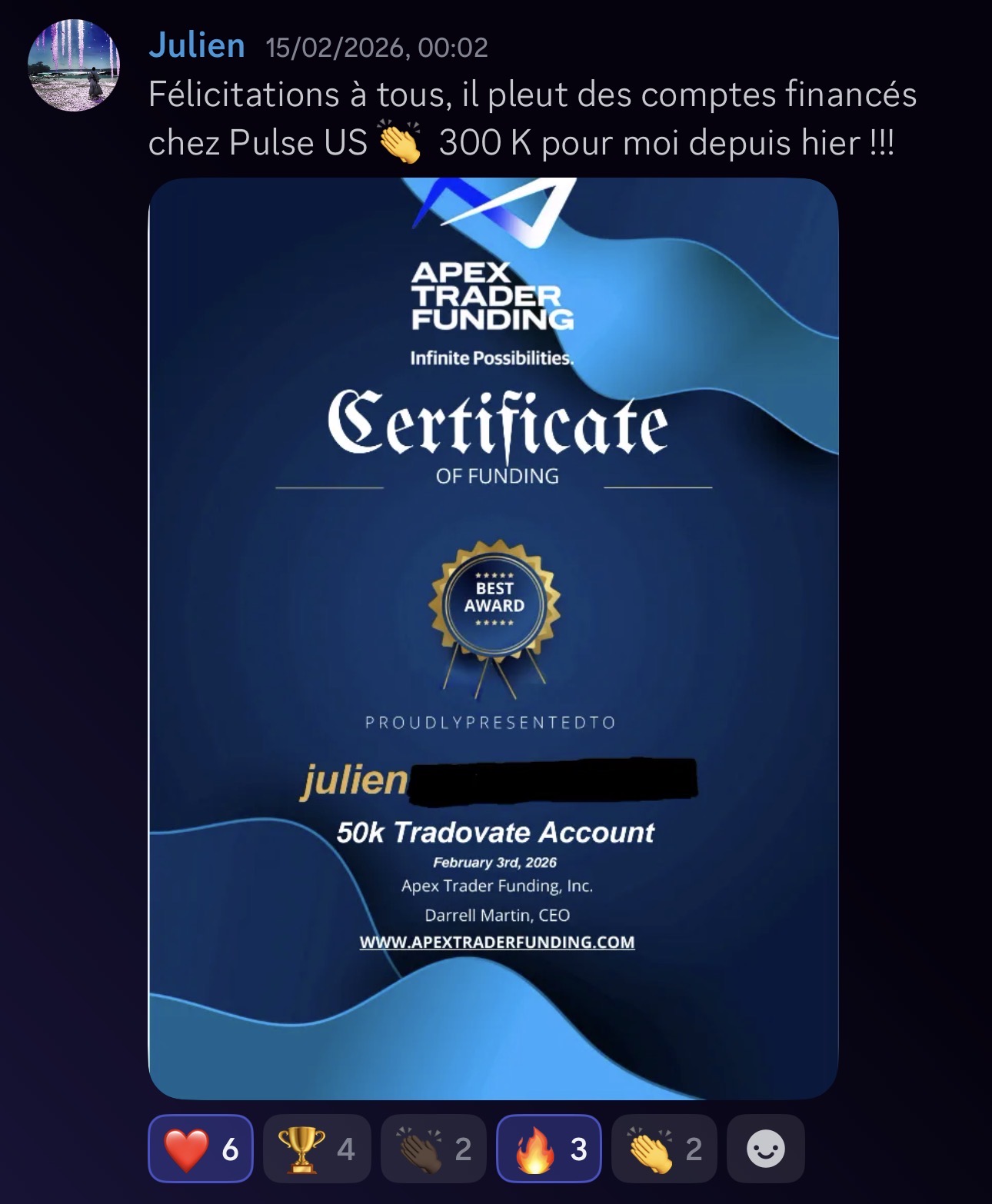 Julien — 300K Apex validé chez Pulse-US