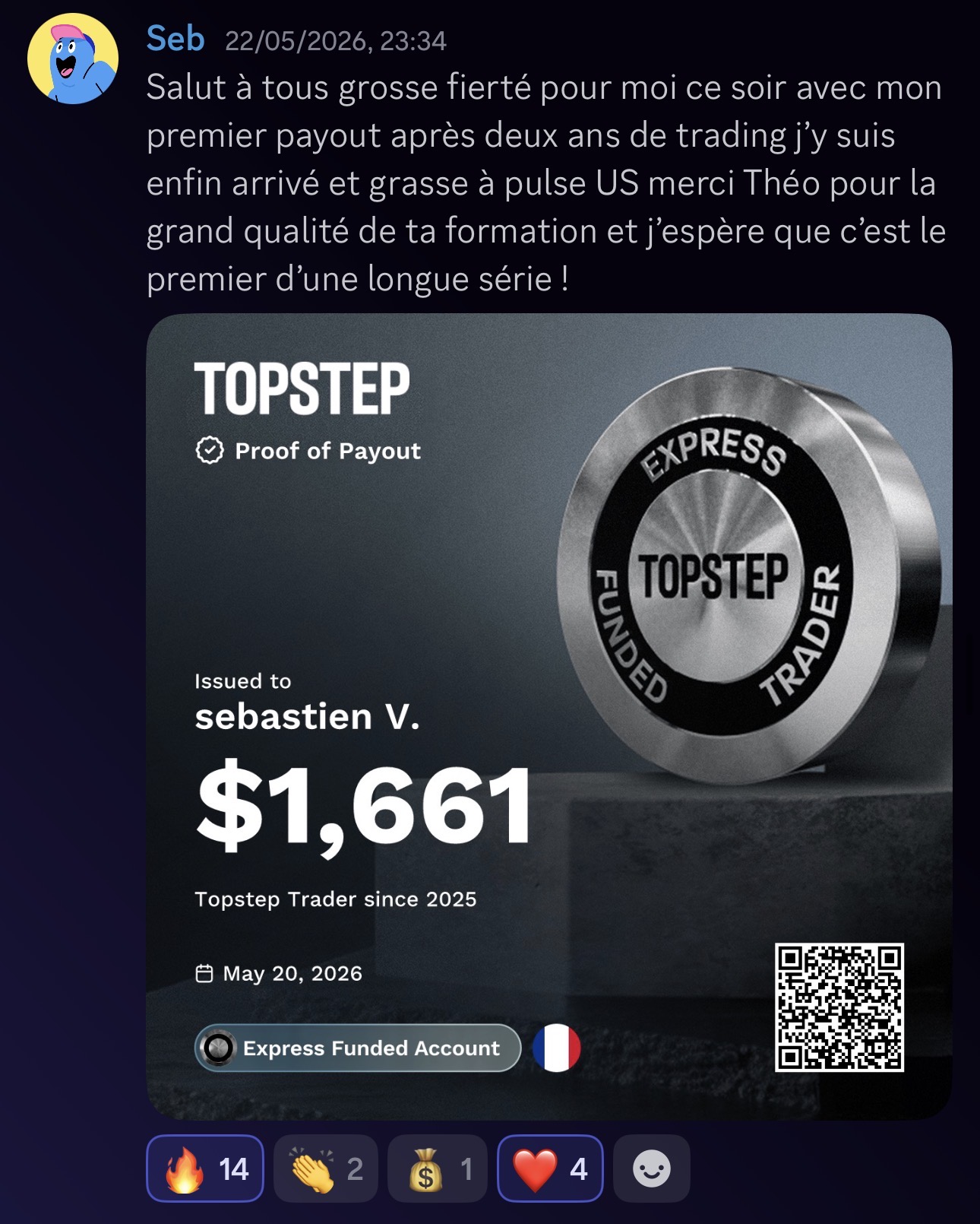Sébastien V. — Payout 1 661$ TopStep validé chez Pulse-US