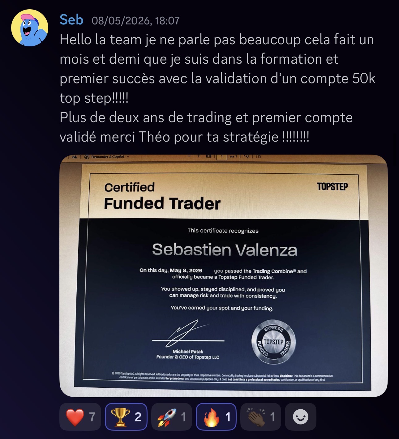 Sébastien V. — 1er TopStep 50K validé validé chez Pulse-US