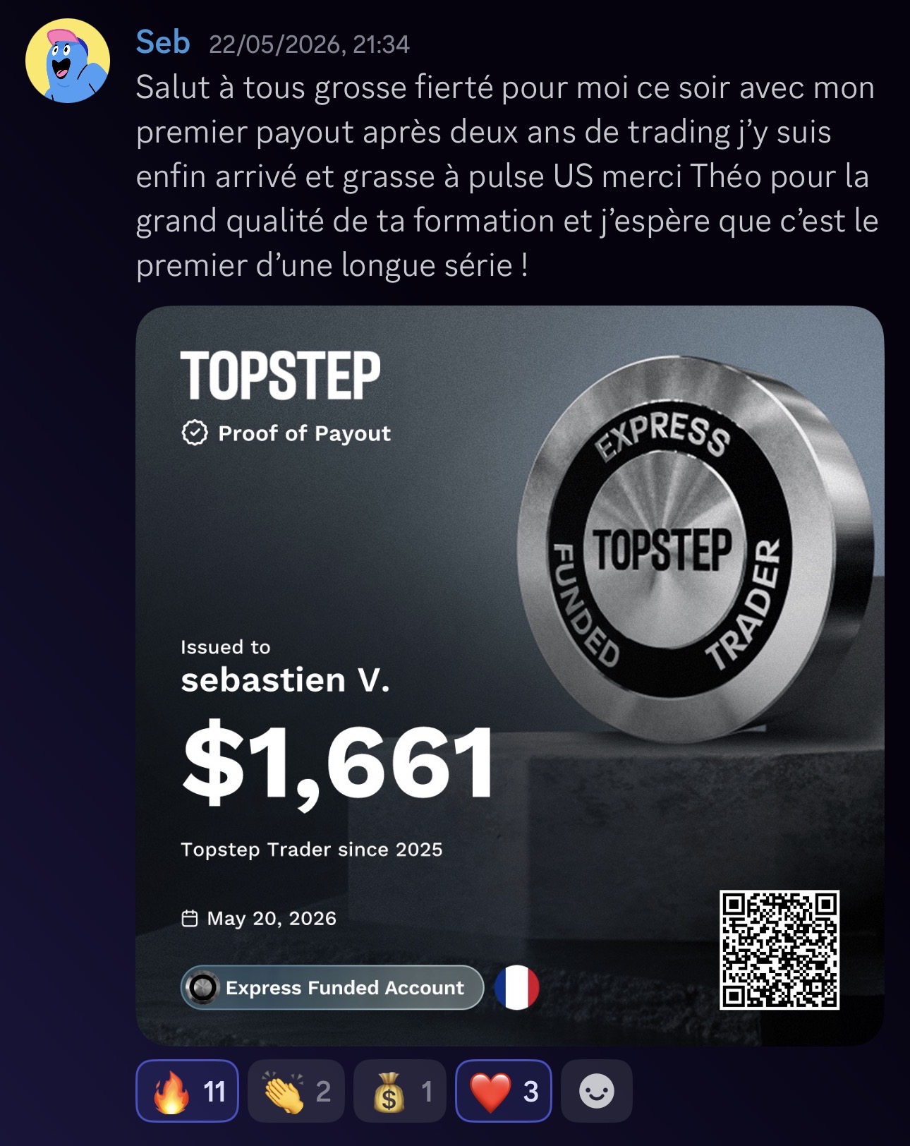 Sébastien V. — 1er payout TopStep validé chez Pulse-US