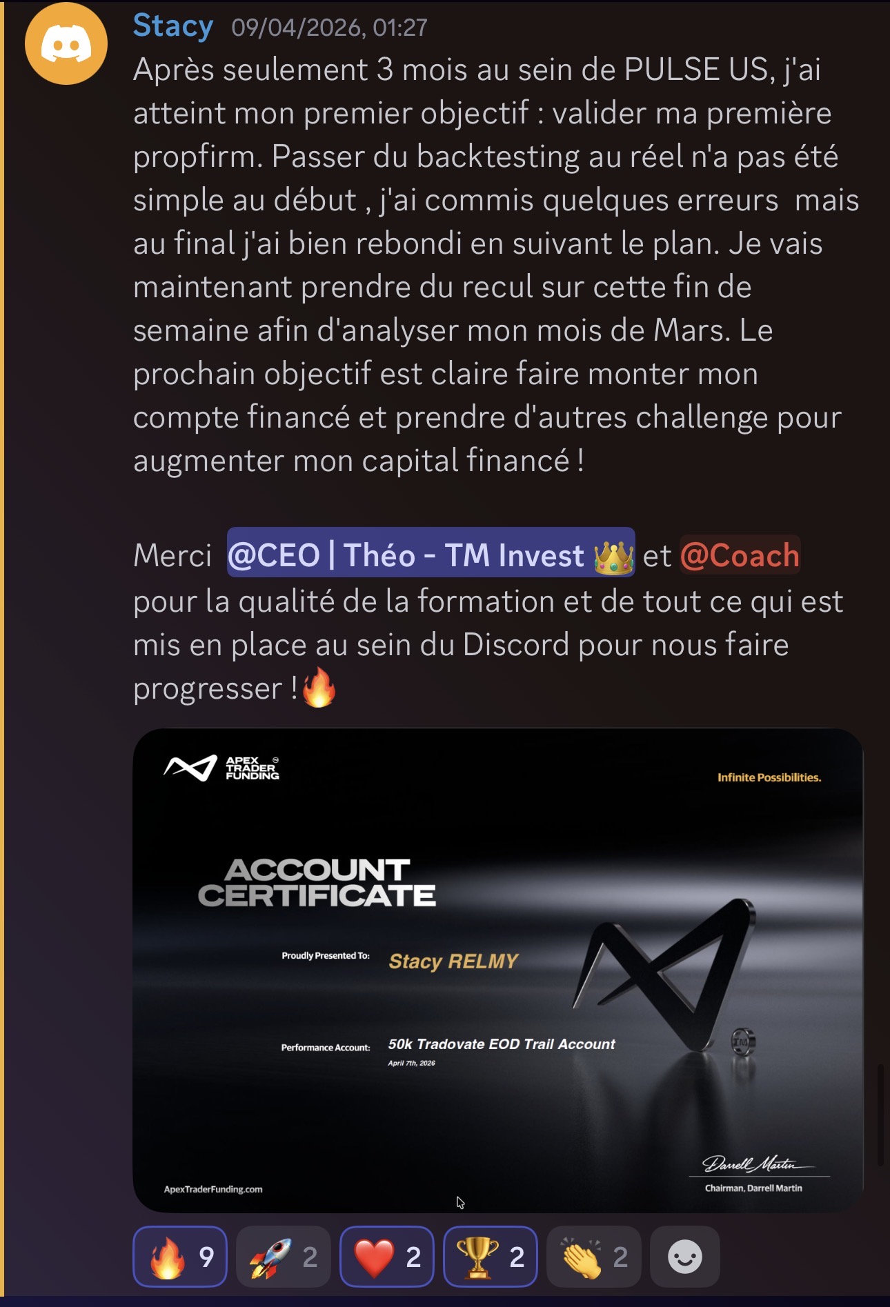 Stacy R. — 1ère propfirm validée validé chez Pulse-US
