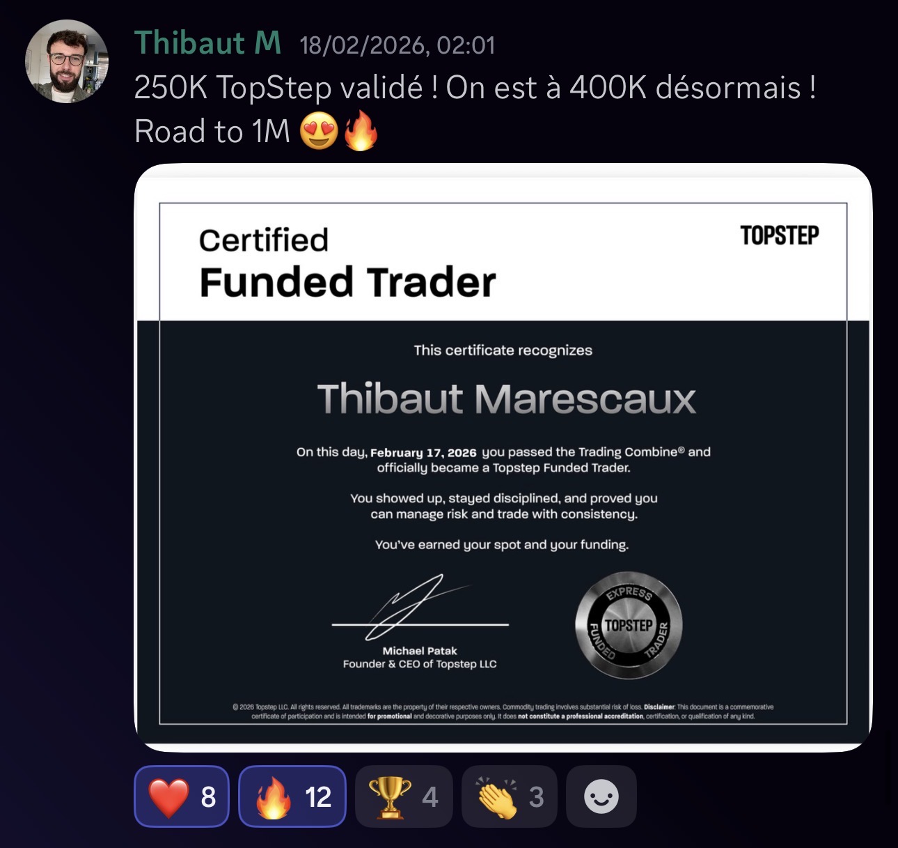 Thibaut M. — 250K TopStep validé chez Pulse-US