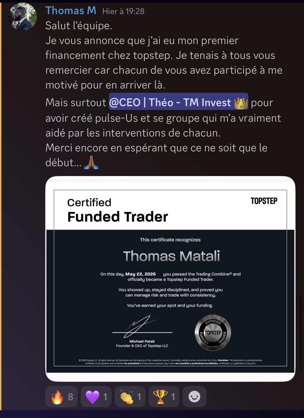 Thomas M. — 1er Funded TopStep validé chez Pulse-US